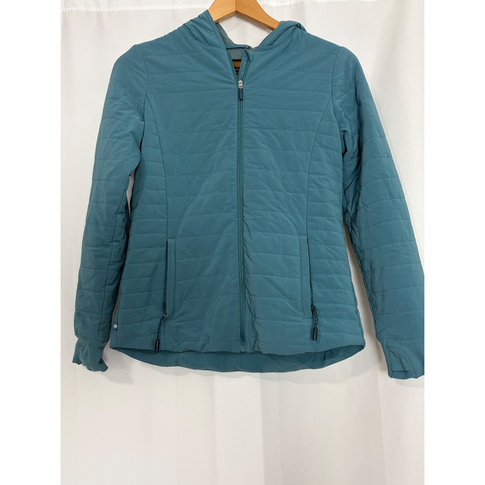 Athleta Girl Teal Blue Quilted Hooded Puffer Jacket XL 14 Full Zip Thumbholes